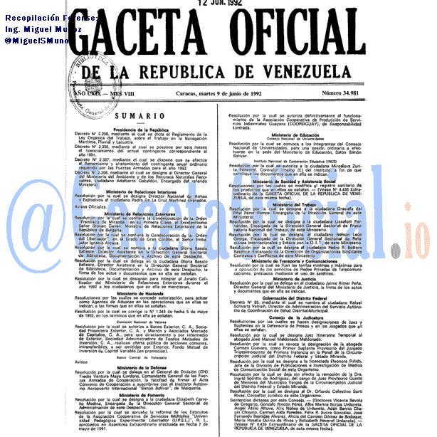 Gaceta Oficial 34981 del 9 Junio 1992