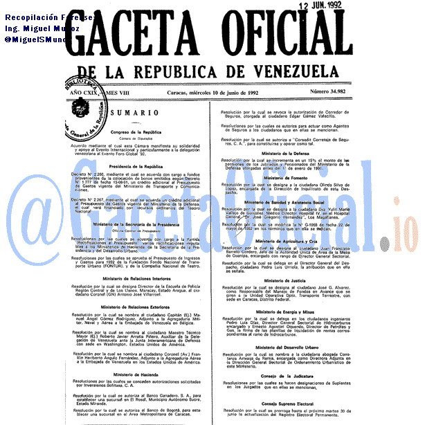 Gaceta Oficial 34982 del 10 Junio 1992