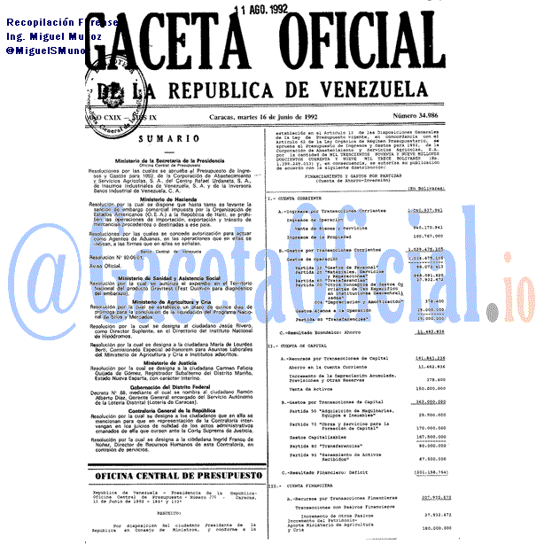 Gaceta Oficial 34986 del 16 Junio 1992
