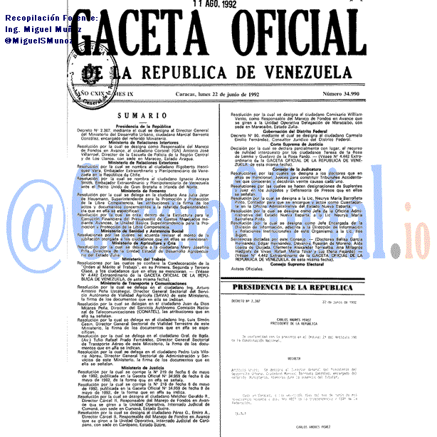 Gaceta Oficial 34990 del 22 Junio 1992