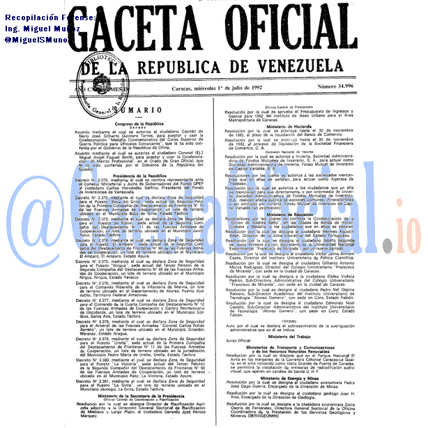 Gaceta Oficial 34996 del 1 Julio 1992
