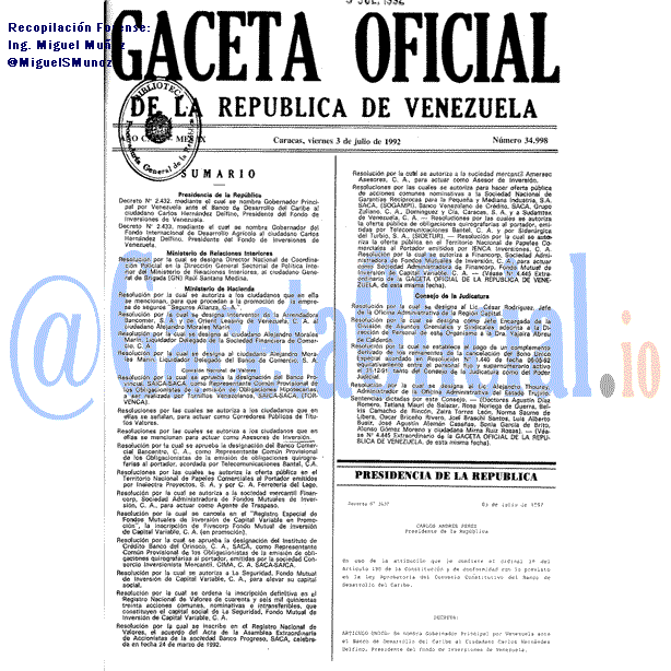Gaceta Oficial 34998 del 3 Julio 1992