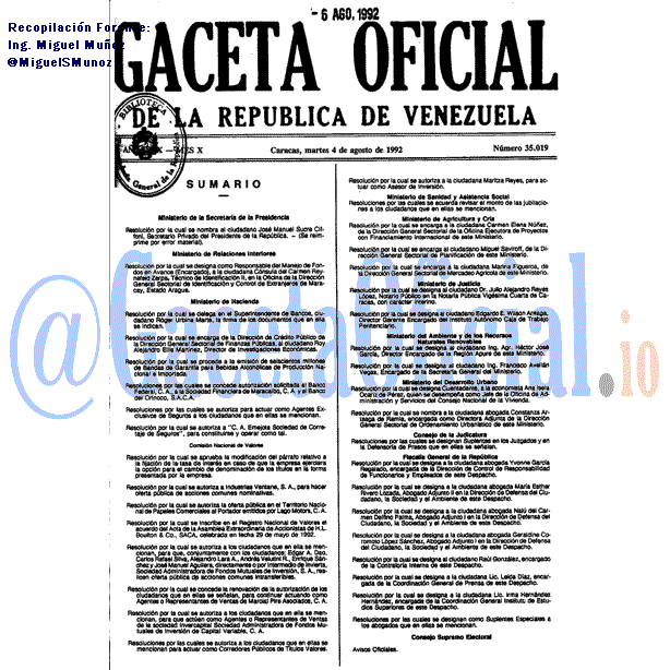 Gaceta Oficial 35019 del 4 Agosto 1992