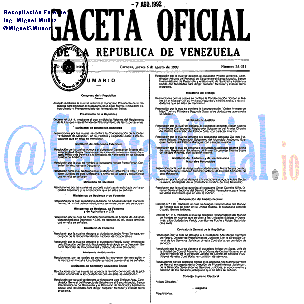 Gaceta Oficial 35021 del 6 Agosto 1992