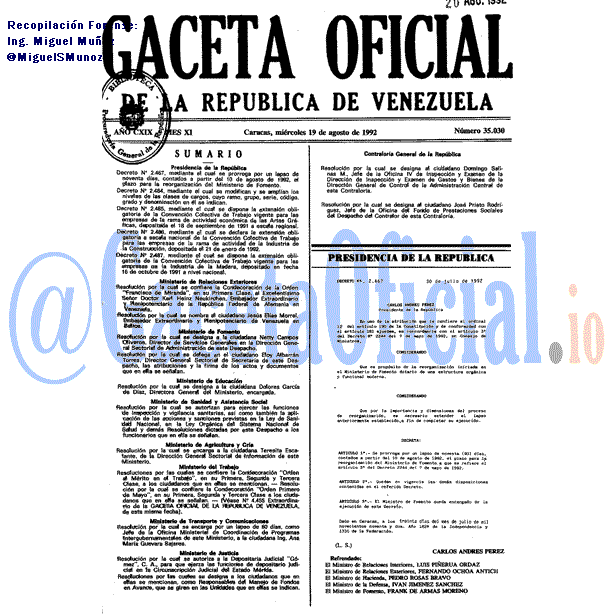 Gaceta Oficial 35030 del 19 Agosto 1992