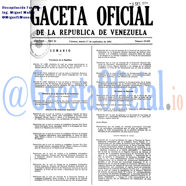 Gaceta Oficial 35039 del 1 Septiembre 1992