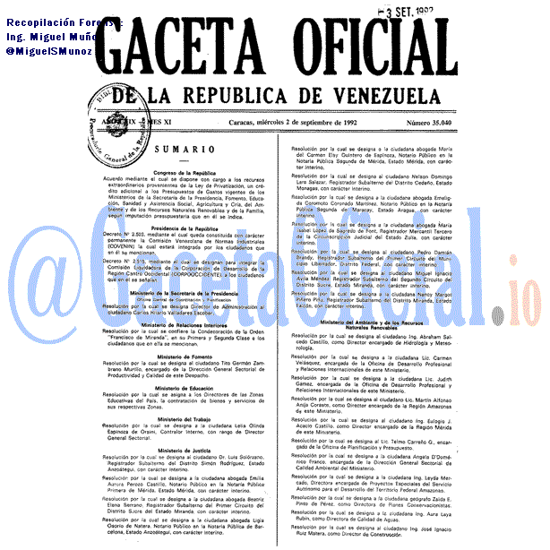 Gaceta Oficial 35040 del 2 Septiembre 1992