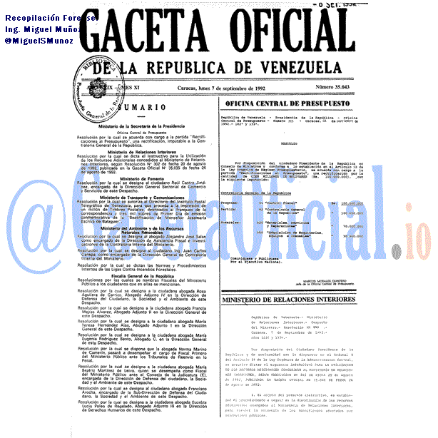 Gaceta Oficial 35043 del 7 Septiembre 1992