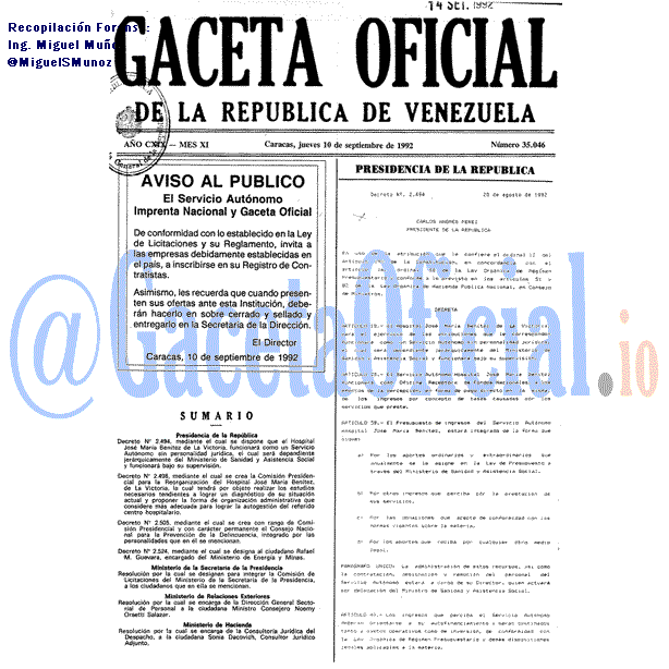 Gaceta Oficial 35046 del 10 Septiembre 1992