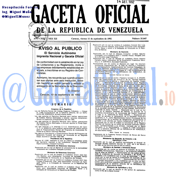 Gaceta Oficial 35047 del 11 Septiembre 1992