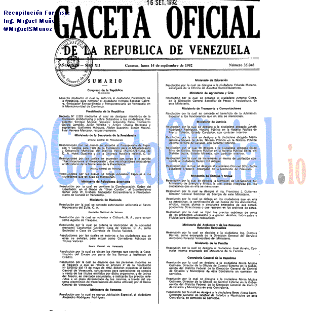 Gaceta Oficial 35048 del 14 Septiembre 1992