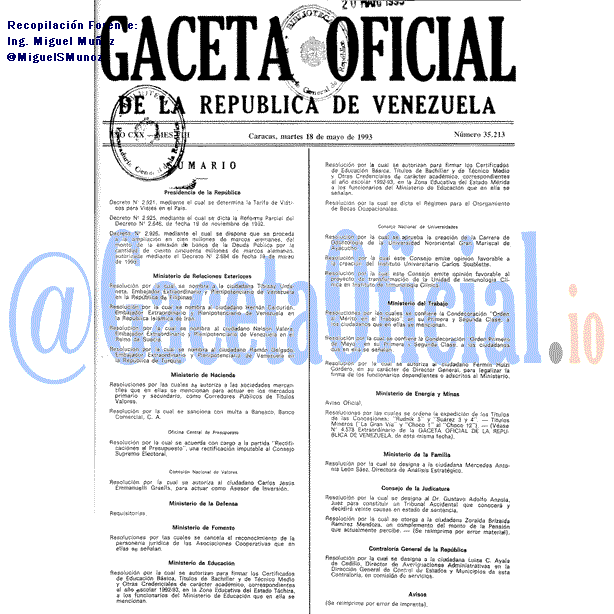 Gaceta Oficial 35213 del 18 Mayo 1993