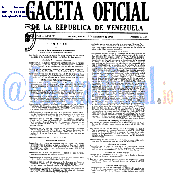 Gaceta Oficial 35365 del 21 Diciembre 1993