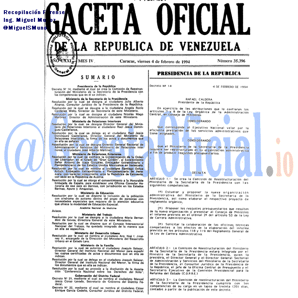Gaceta Oficial 35396 del 4 Febrero 1994