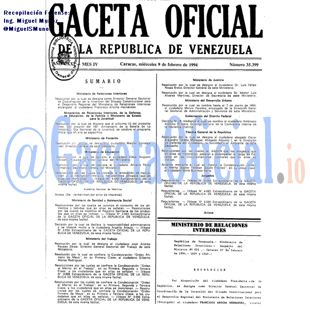 Gaceta Oficial 35399 del 9 Febrero 1994