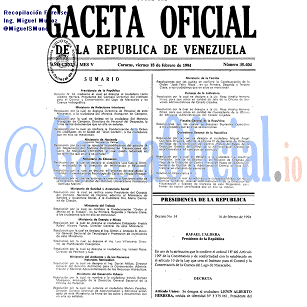 Gaceta Oficial 35404 del 18 Febrero 1994