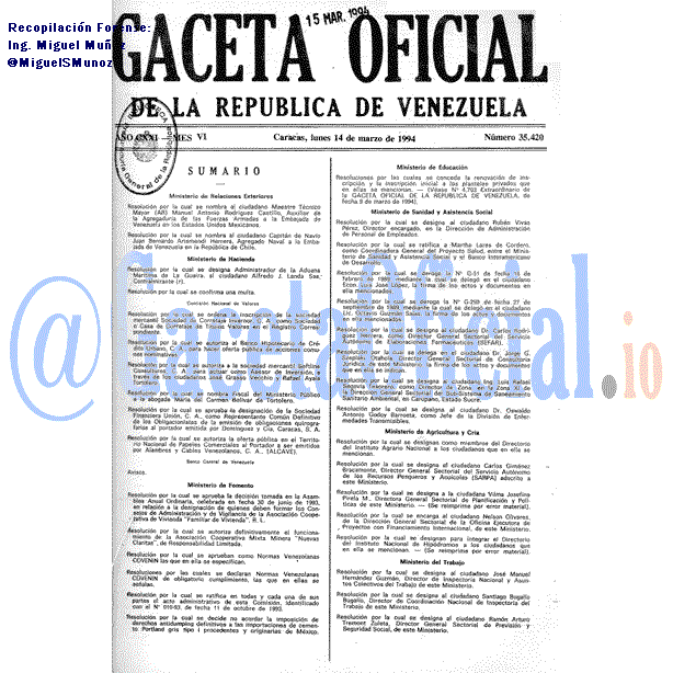 Gaceta Oficial 35420 del 14 Marzo 1994