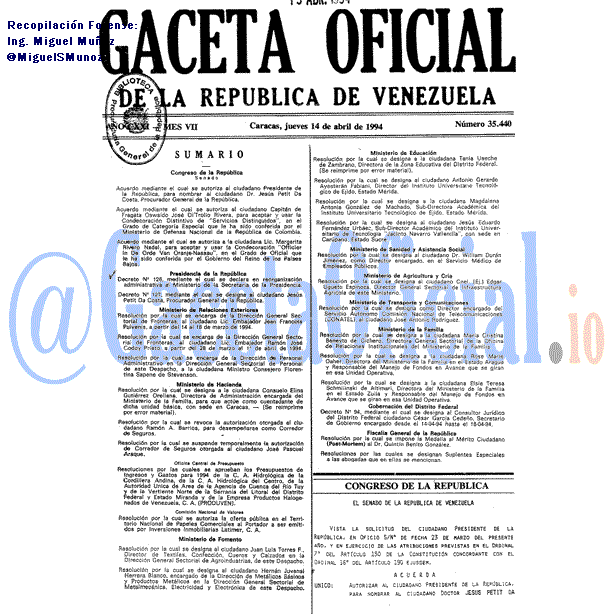 Gaceta Oficial 35440 del 14 Abril 1994