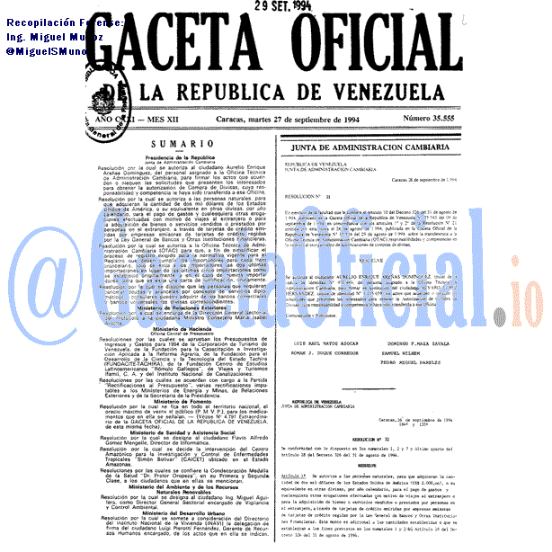 Gaceta Oficial 35555 del 27 Septiembre 1994