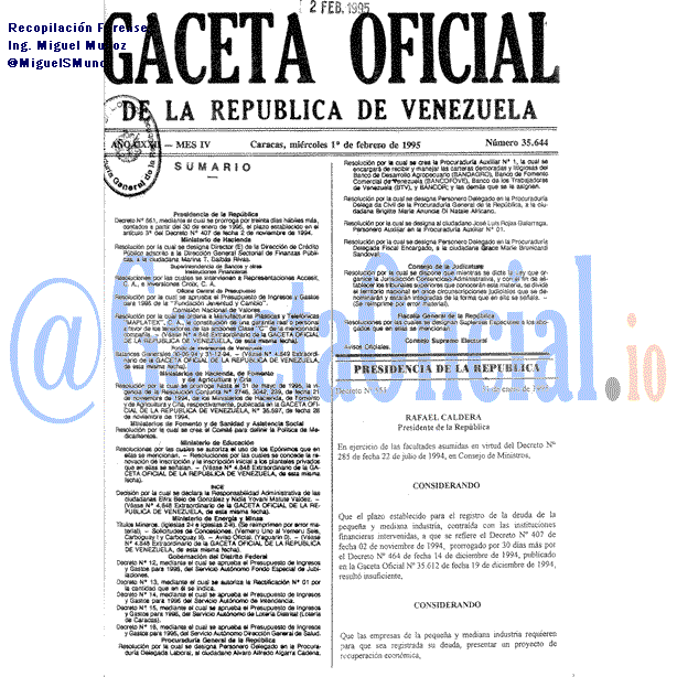Gaceta Oficial 35644 del 1 Febrero 1995