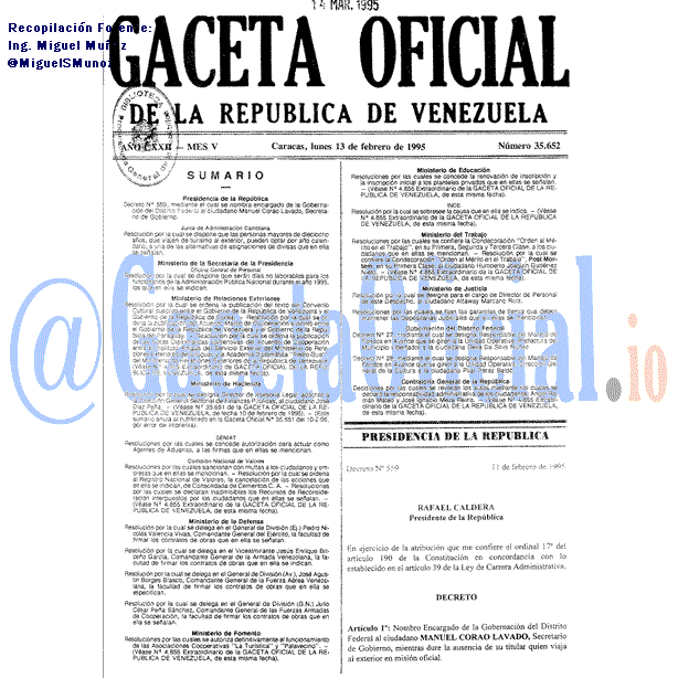 Gaceta Oficial 35652 del 13 Febrero 1995