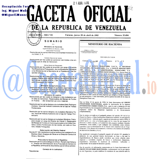 Gaceta Oficial 35694 del 20 Abril 1995