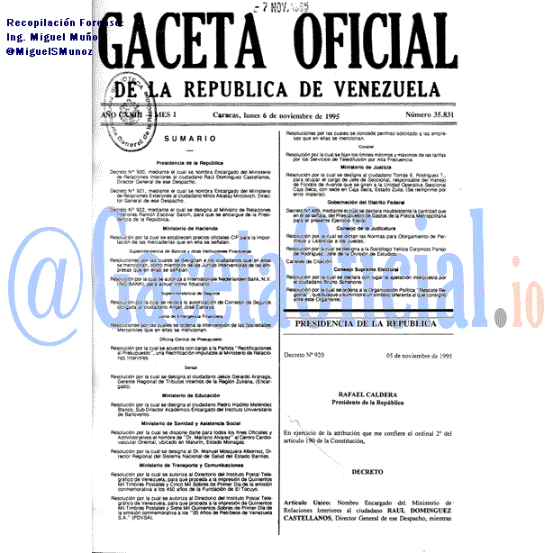Gaceta Oficial 35831 del 6 Noviembre 1995