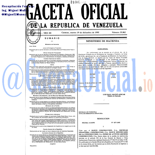 Gaceta Oficial 35862 del 19 Diciembre 1995