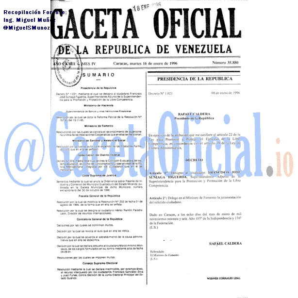 Gaceta Oficial 35880 del 16 Enero 1996