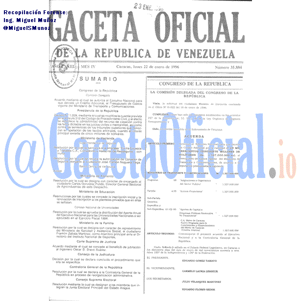 Gaceta Oficial 35884 del 22 Enero 1996