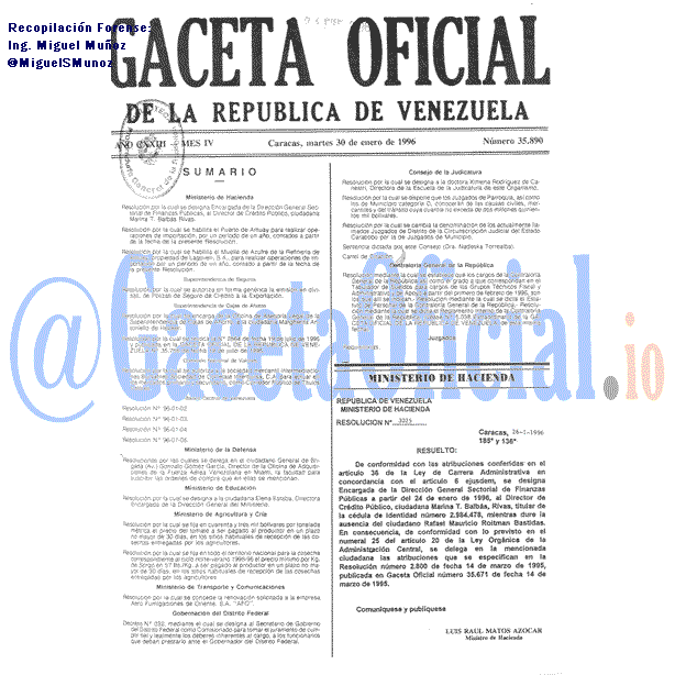 Gaceta Oficial 35890 del 30 Enero 1996