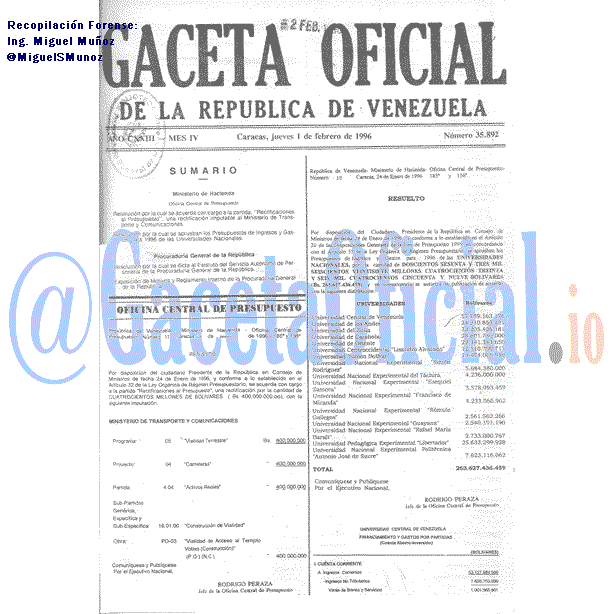 Gaceta Oficial 35892 del 1 Febrero 1996