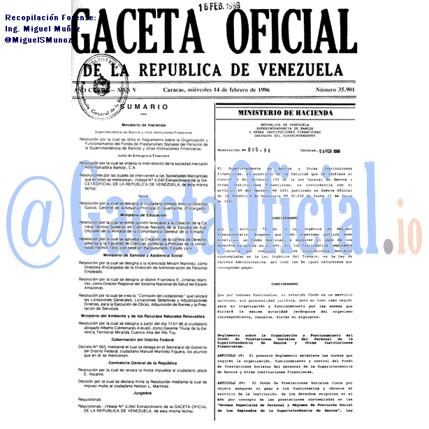 Gaceta Oficial 35901 del 14 Febrero 1996