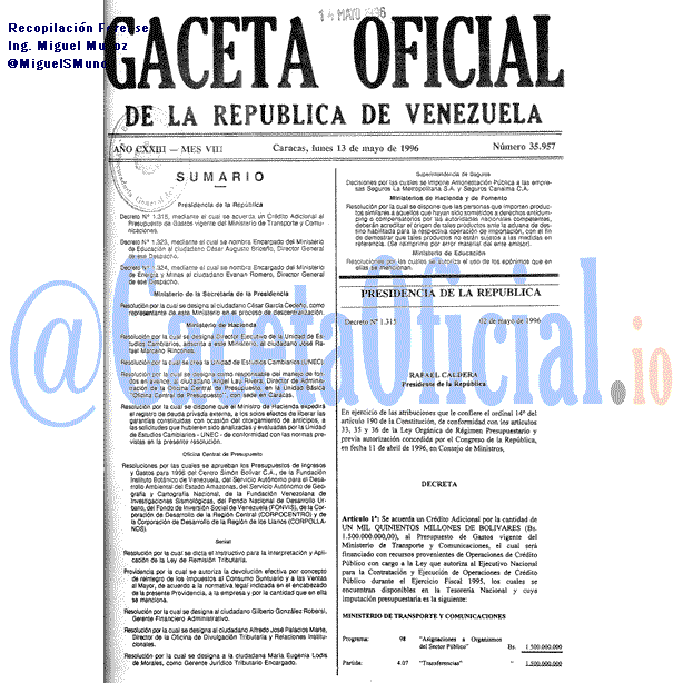 Gaceta Oficial 35957 del 13 Mayo 1996