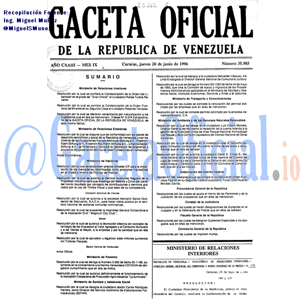 Gaceta Oficial 35985 del 20 Junio 1996