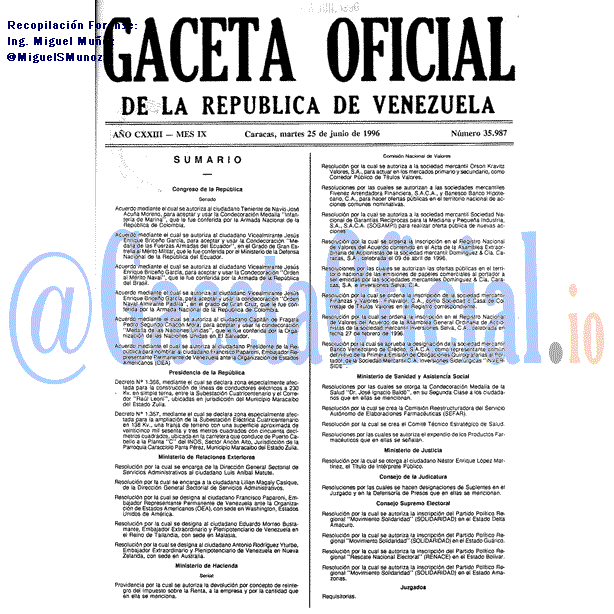 Gaceta Oficial 35987 del 25 Junio 1996
