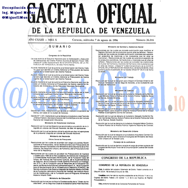 Gaceta Oficial 36016 del 7 Agosto 1996