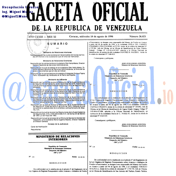 Gaceta Oficial 36021 del 14 Agosto 1996