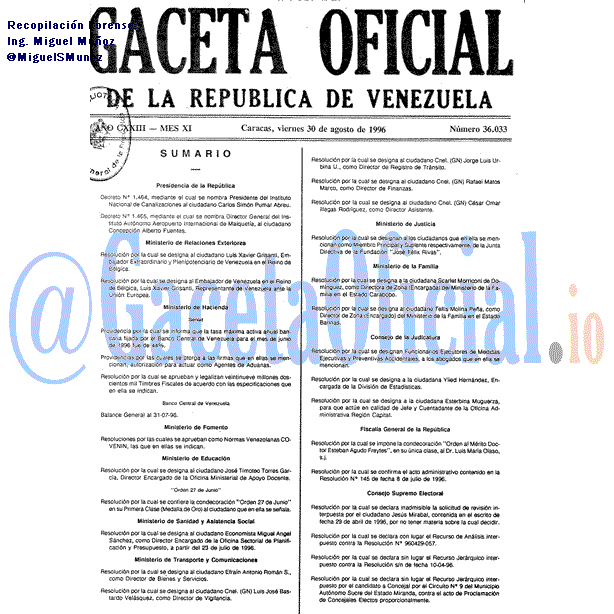 Gaceta Oficial 36033 del 30 Agosto 1996
