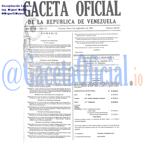 Gaceta Oficial 36034 del 2 Septiembre 1996