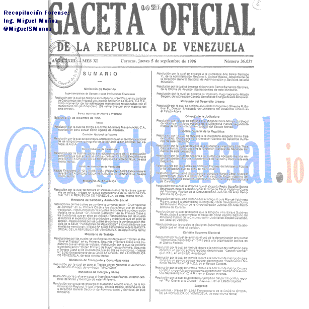 Gaceta Oficial 36037 del 5 Septiembre 1996
