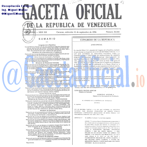Gaceta Oficial 36041 del 11 Septiembre 1996