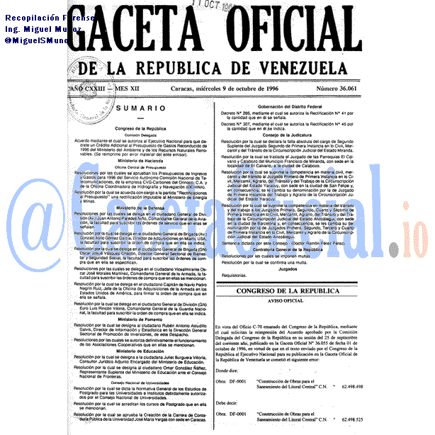Gaceta Oficial 36061 del 9 Octubre 1996
