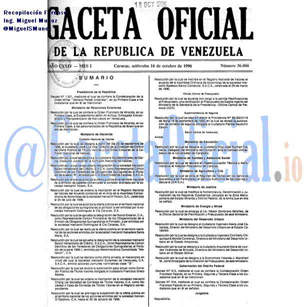 Gaceta Oficial 36066 del 16 Octubre 1996