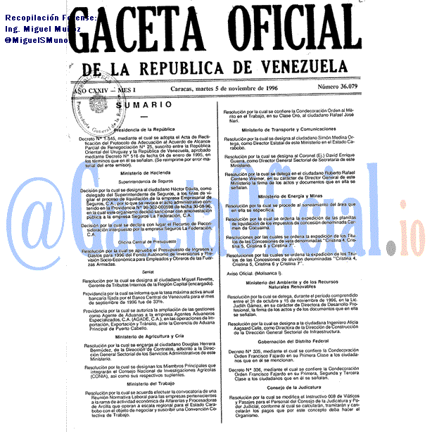 Gaceta Oficial 36079 del 5 Noviembre 1996