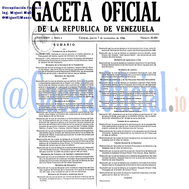 Gaceta Oficial 36081 del 7 Noviembre 1996