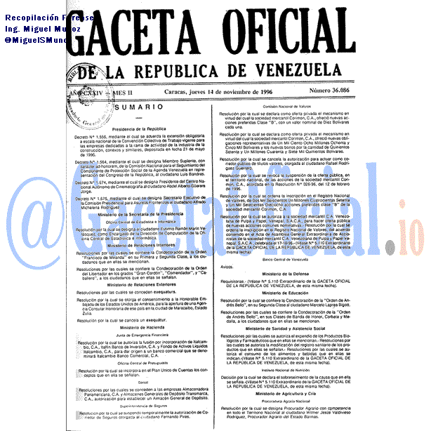 Gaceta Oficial 36086 del 14 Noviembre 1996