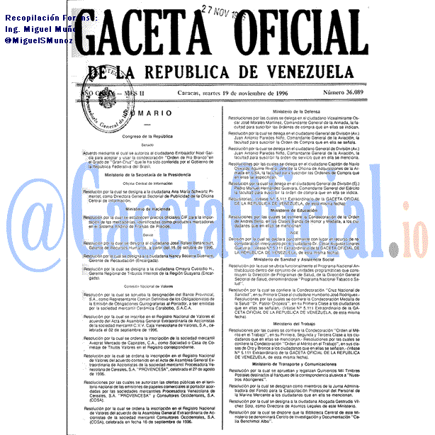 Gaceta Oficial 36089 del 19 Noviembre 1996