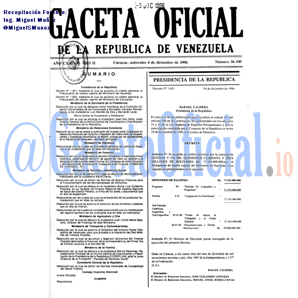 Gaceta Oficial 36100 del 4 Diciembre 1996