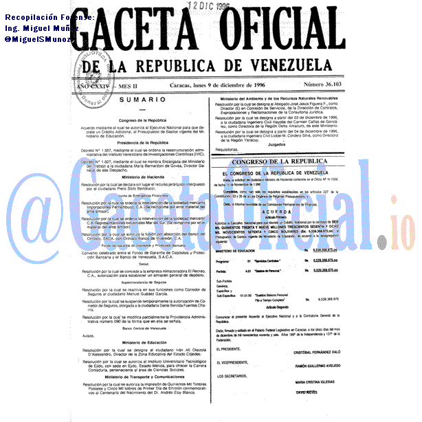 Gaceta Oficial 36103 del 9 Diciembre 1996